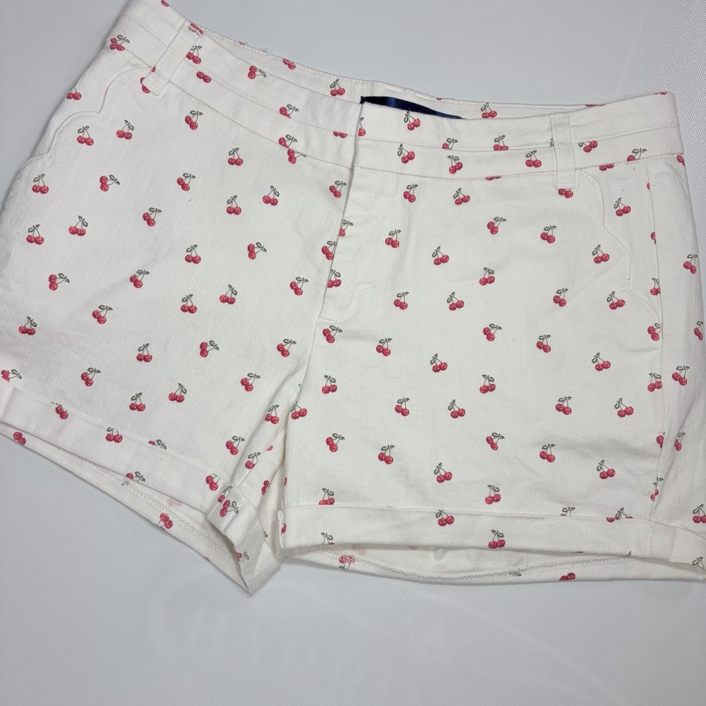 Blue Rain Cherry Print Shorts Womens Small White Scalloped Pockets Cute Summer